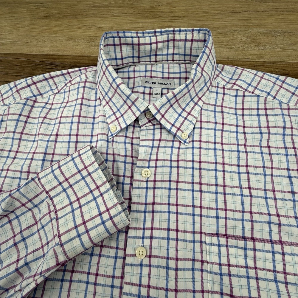 Peter Millar Mens Shirt L White Plaid Long Sleeve Button Up Cotton Blend Crown